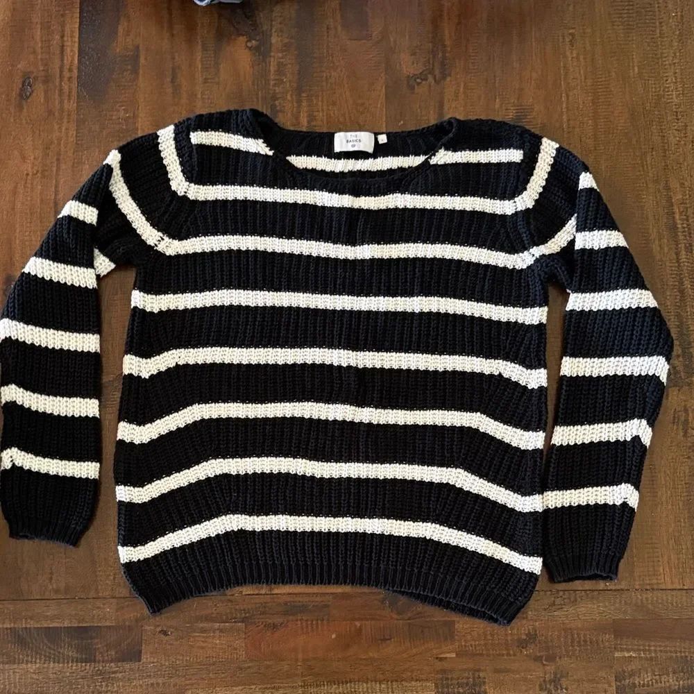 The Basics  Black and White Striped Crewneck Women's Sweater